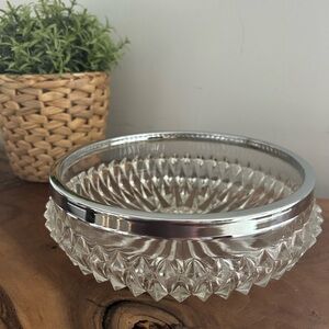 Vintage Crystal Cut Serving Bowl With Silver Rim Heavy Decorative